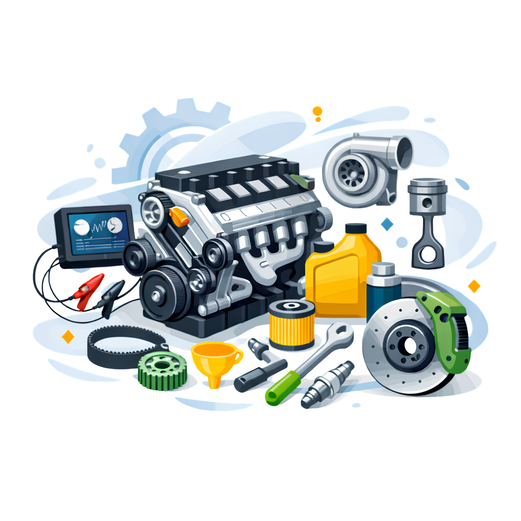 Automotive engine and car parts illustration